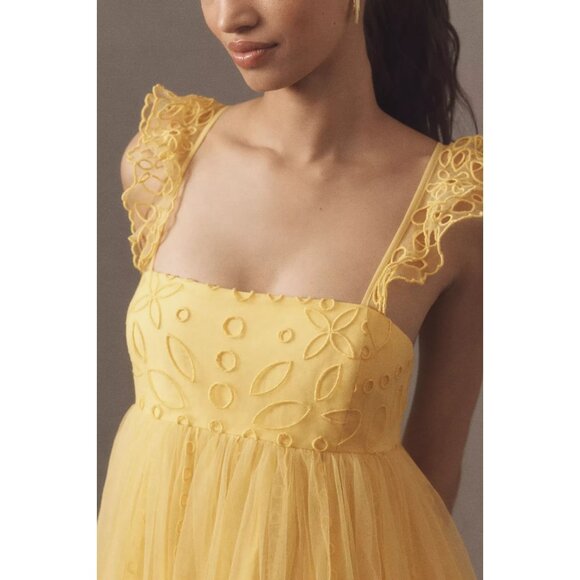 Let Me Be Eyelet Yellow Tulle Mini Dress L - Picture 4 of 4